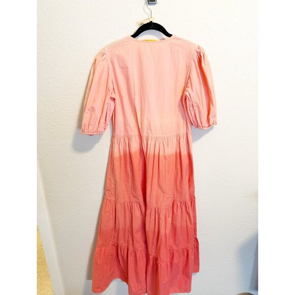 Oliphant Womens Ombre Tiered Maxi Dress Puff Sleeve Split Neck Pink Coral Small - Picture 2 of 6